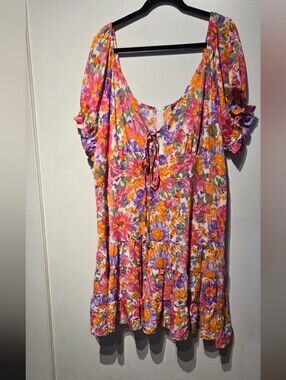Womens Floral Tie-Front Tiered Dress - Pink, Orange & Purple